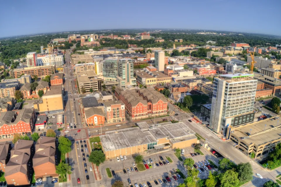 An aerial view of downtown Iowa City.